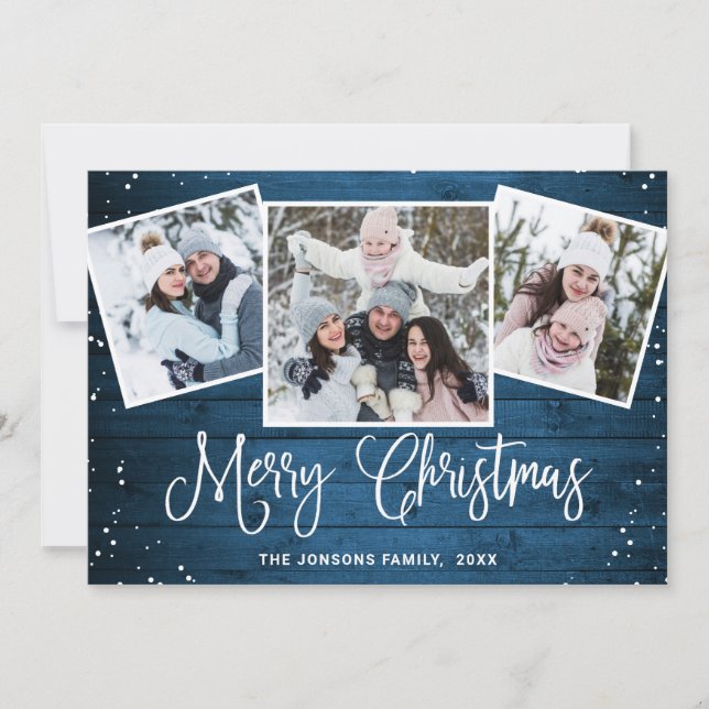 Cartes Pour Fêtes Annuelles 4 PHOTO Noël Rustique Bleu Bois Salutation (Devant)