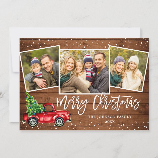 Cartes Pour Fêtes Annuelles 4 PHOTO Retro Noël Camion Rouge Voiture Rustique (Devant)