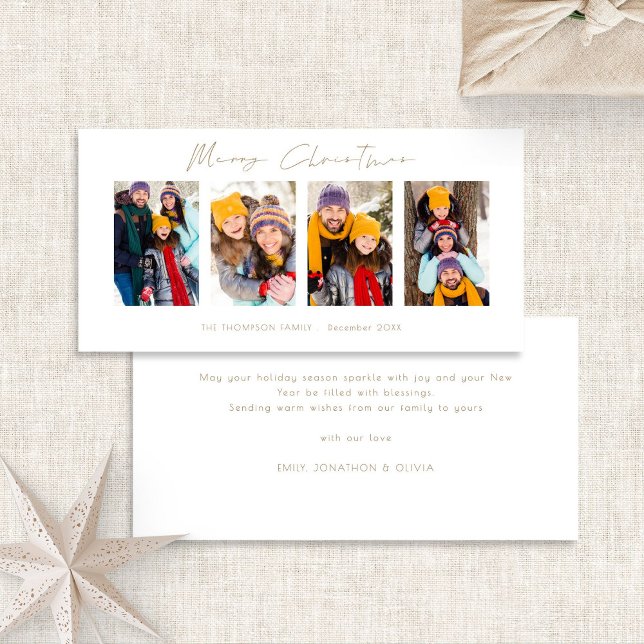 Cartes Pour Fêtes Annuelles 4 Photos Bande Photo Gold Script Joyeux Noël (Front and back view)