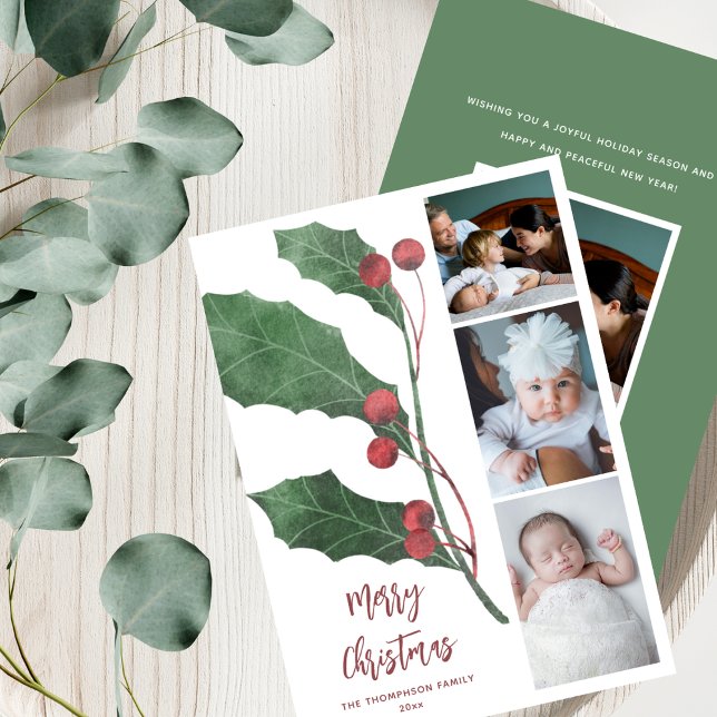 Cartes Pour Fêtes Annuelles 4 Photos en collage Aquarelle Houx Noël Élégant (Créateur téléchargé)