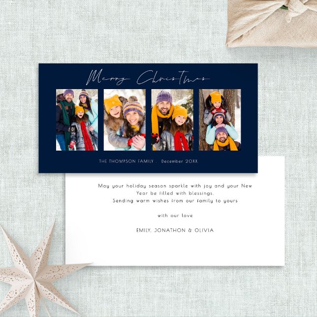 Cartes Pour Fêtes Annuelles 4 Photos White Script Marine Bleu Joyeux Noël (Front and back view)