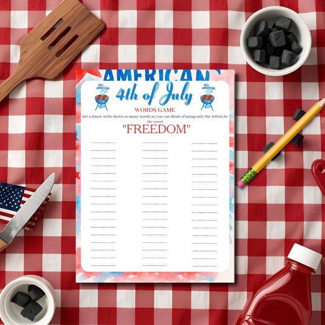 Cartes Pour Fêtes Annuelles 4th of July Indepence day BBQ Words game card (4th of July Indepence day BBQ Words game card)