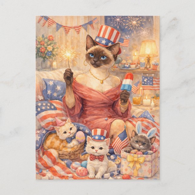 Cartes Pour Fêtes Annuelles 4th of July Pool Diva Cat Postcard (Devant)