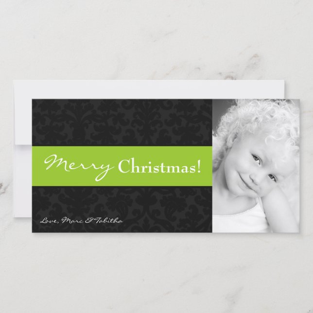 Cartes Pour Fêtes Annuelles 4x8 Lime noir Damas cadre photo de Noël (Devant)