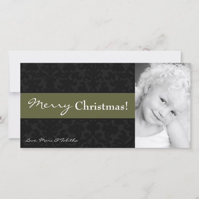 Cartes Pour Fêtes Annuelles 4x8 Olive Green Damask Frame photo de Noël (Devant)