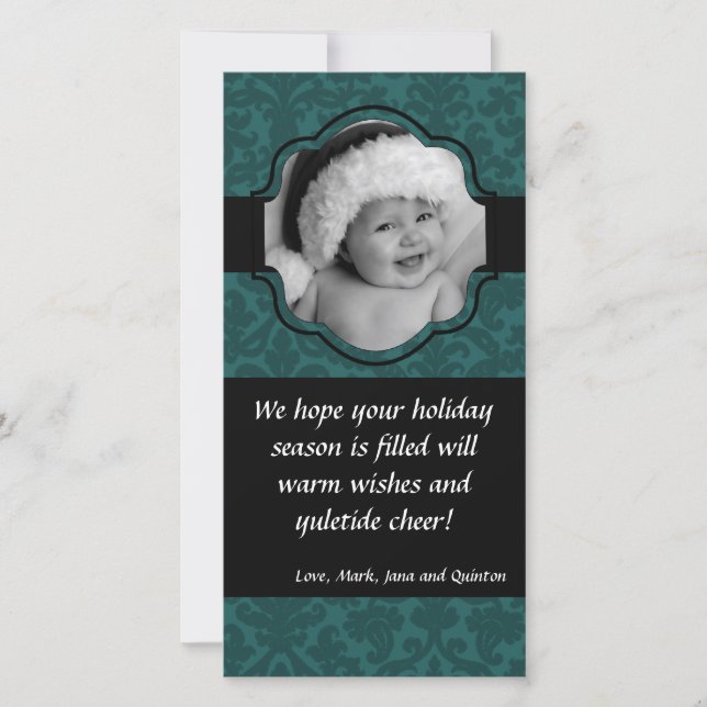 Cartes Pour Fêtes Annuelles 4x8 Teal Damask Ribbon Frame (Devant)