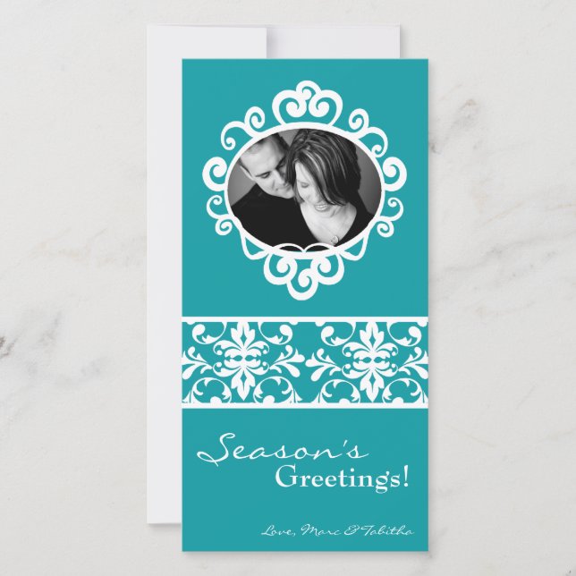 Cartes Pour Fêtes Annuelles 4x8 Turquoise cadre blanc Damas photo de Noël (Devant)