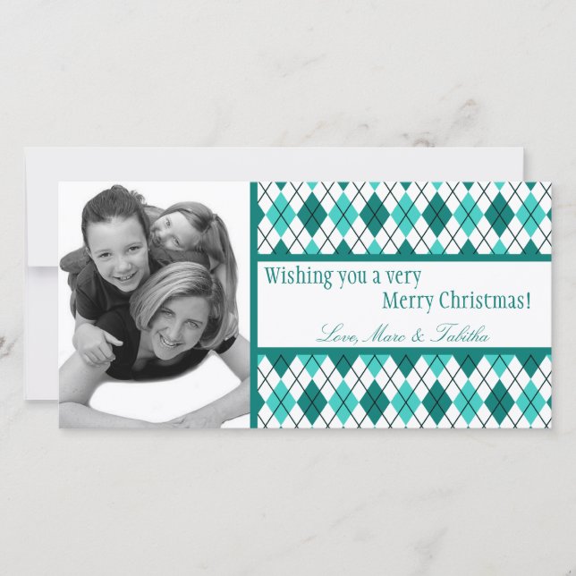 Cartes Pour Fêtes Annuelles 4x8 Turquoise Jacquard blanc cadre photo de Noël (Devant)