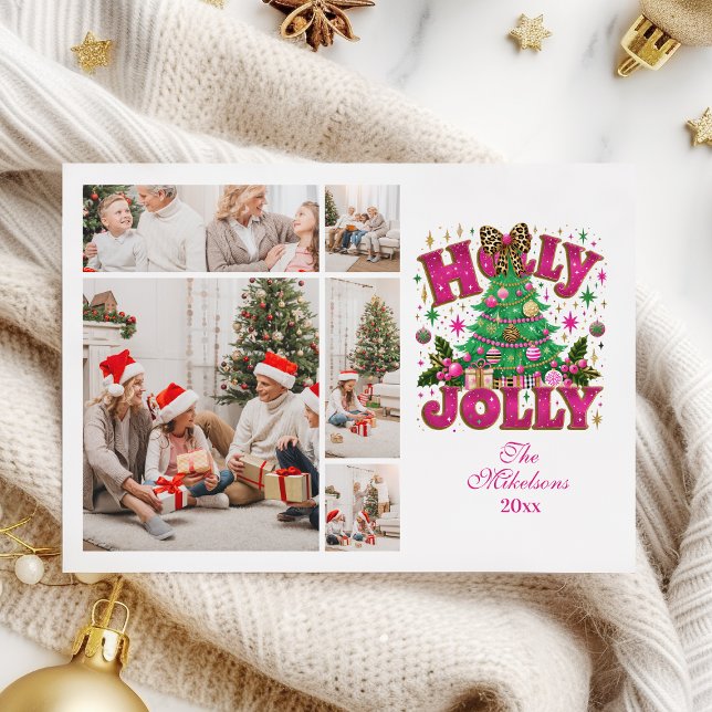 Cartes Pour Fêtes Annuelles  5 Photo Glitter Leopard Bow Holly Jolly (Créateur téléchargé)