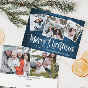 Cartes Pour Fêtes Annuelles 5 PHOTO Noël Rustique Bleu Bois Salutation