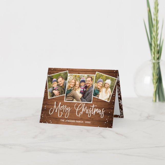 Cartes Pour Fêtes Annuelles 5 PHOTO Noël Rustique Brown Bois Salutation (Devant)