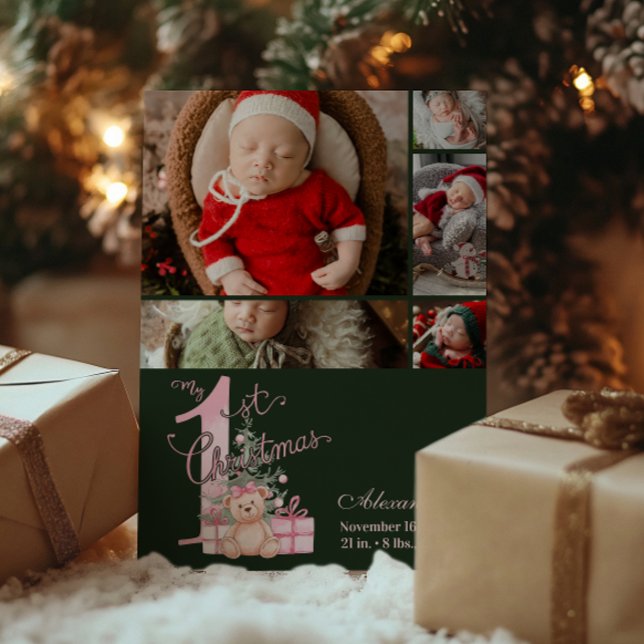 Cartes Pour Fêtes Annuelles 5 Photo  Pink Green Baby First Christmas (Créateur téléchargé)