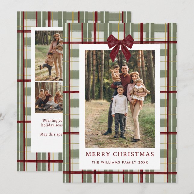 Cartes Pour Fêtes Annuelles 5 Photo Retro Christmas Red Bow Green Plaid (Devant / Derrière)