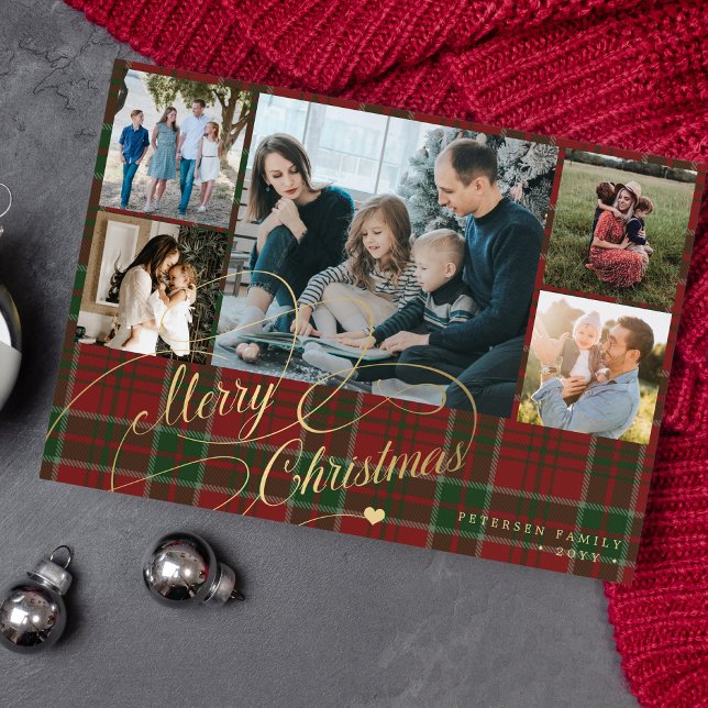 Cartes Pour Fêtes Annuelles 5 photos Joyeux Noël élégant script rouge plaid (Créateur téléchargé)