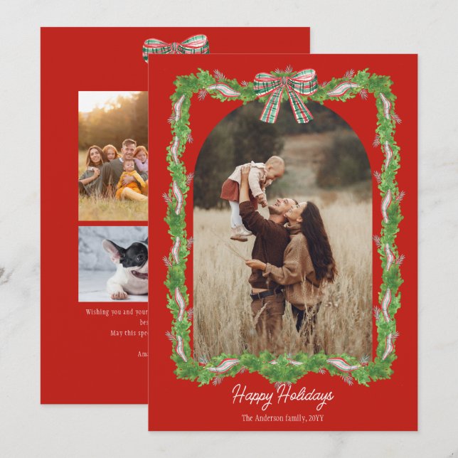 Cartes Pour Fêtes Annuelles 5 photos plaid bow rustique Noël Photo (Devant / Derrière)