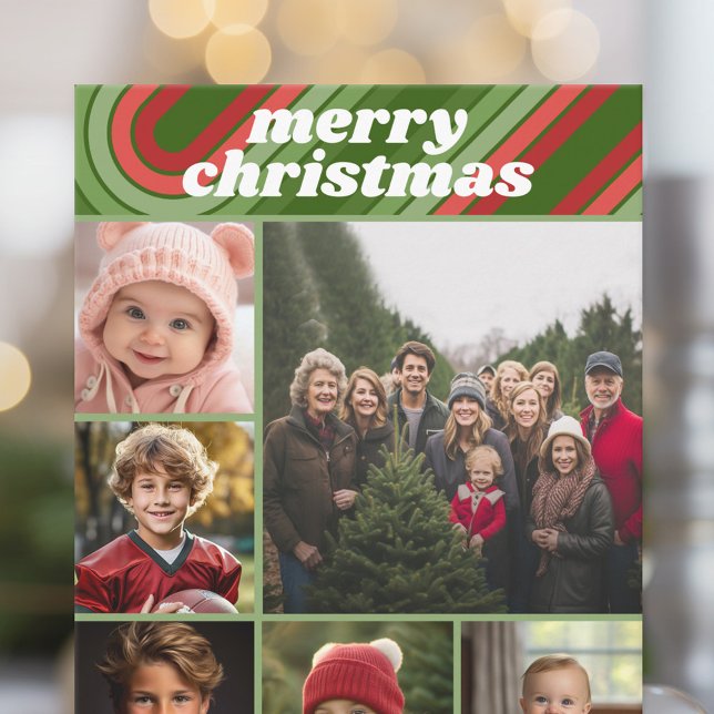 Cartes Pour Fêtes Annuelles 6 Stripes Retro Photo - Red Green Funky (6 Photo Collage with Retro Stripes - Online Christmas Card - Print and Download Options)