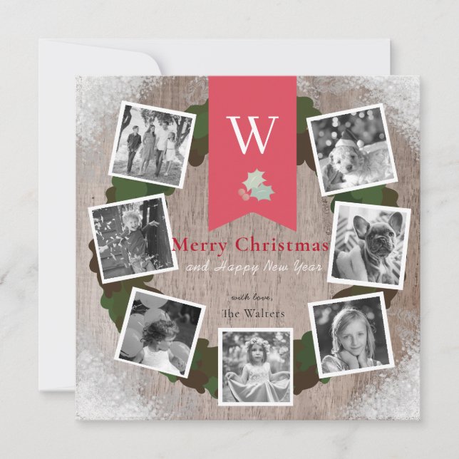 Cartes Pour Fêtes Annuelles 7 Carré Photo Collage Wreath Wood Holiday Card (Devant)