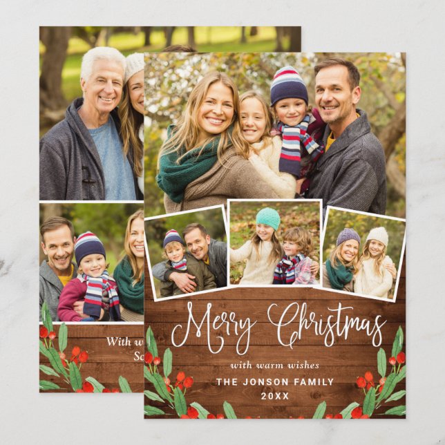 Cartes Pour Fêtes Annuelles 7 PHOTO Noël Rustique Brown Bois Salutation (Devant / Derrière)