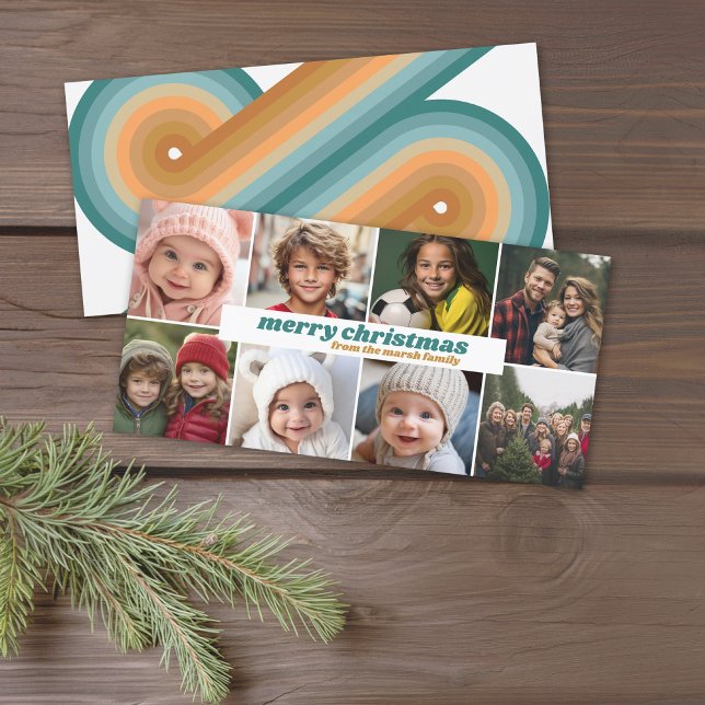 Cartes Pour Fêtes Annuelles 8 Collage photo - Joyeux Noël Retro Stripes (Trendy Retro Stripe Christmas Card with 8 Photo Collage.)