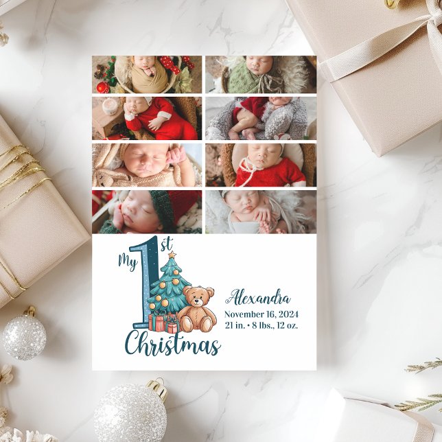 Cartes Pour Fêtes Annuelles 8 Photo Blue Teddy Baby 1er Noël (Créateur téléchargé)