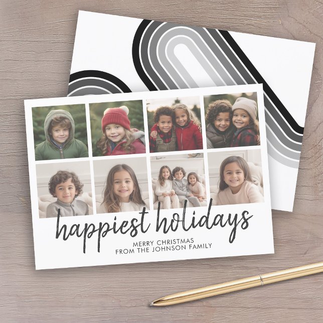 Cartes Pour Fêtes Annuelles 8 Photo Noir Blanc Minimal Lignes Rétro Noël (A modern, minimal photo card design with 8 photos on the front and a retro stripe pattern on back.)