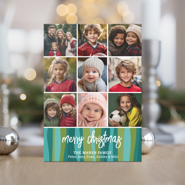 Cartes Pour Fêtes Annuelles 9 Photo - Joyeux Noël - Vagues Abstraites 2023 (9 Photo Holiday Card - Modern Abstract Design with Bounce Calligraphy)
