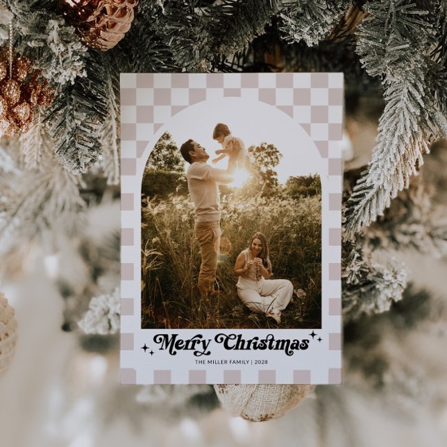 Cartes Pour Fêtes Annuelles à damiers Retro Family Arch Photo (Retro Checkered Arch Photo Christmas Card)