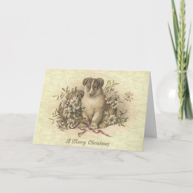 Cartes Pour Fêtes Annuelles A Merry Christmas Adorable Dog with Flowers (Devant)