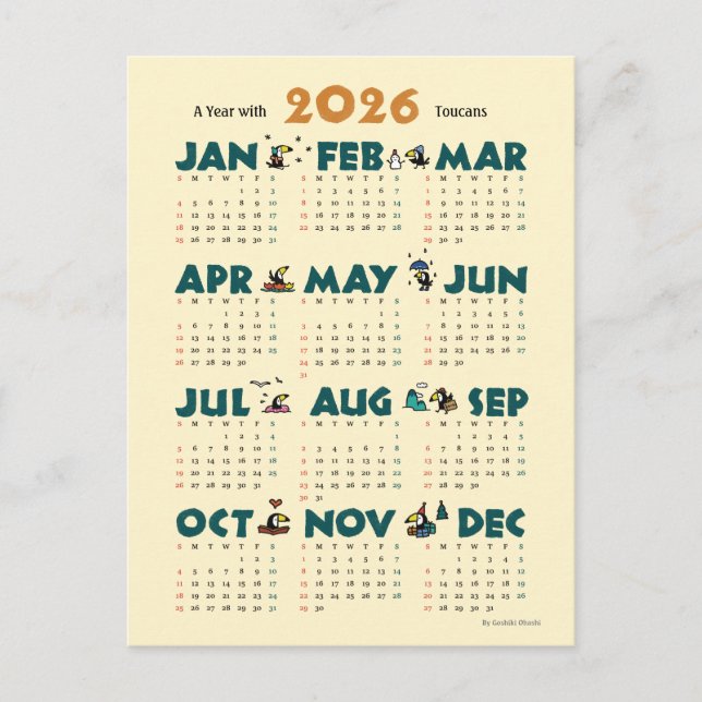 Cartes Pour Fêtes Annuelles A Year with Toucans: Calendar 2026 (Devant)