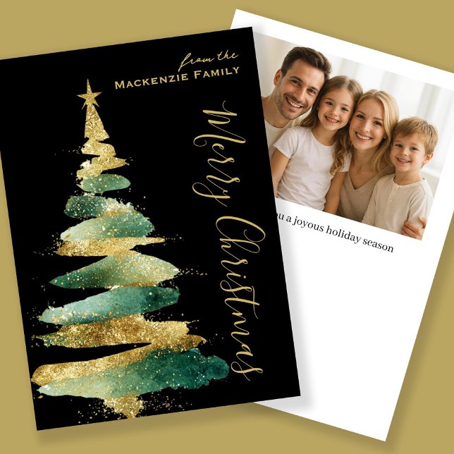 Cartes Pour Fêtes Annuelles Abstract Modern Christmas Tree Photo Personalized (Abstract Modern Christmas Tree Photo Personalized Holiday Card by Ricaso in gold and green)