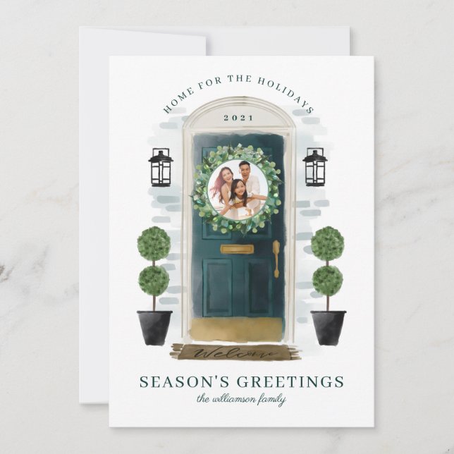Cartes Pour Fêtes Annuelles Accueil Pour Vacances Vert Aquarelle Porte Photo (Devant)