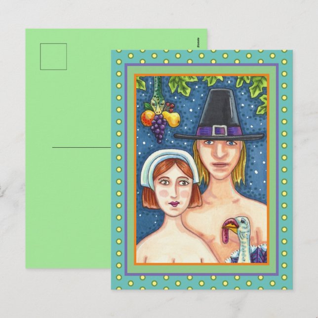 CARTES POUR FÊTES ANNUELLES ADAM & EVE PILGRIMS, BIBLICAL WHIMSY MERCI (Devant / Derrière)