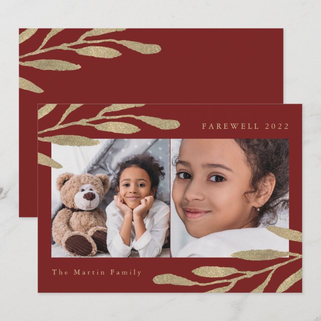 Cartes Pour Fêtes Annuelles Adieu 2022 Faux Gold Botanical Two Photo Rouge (Devant / Derrière)