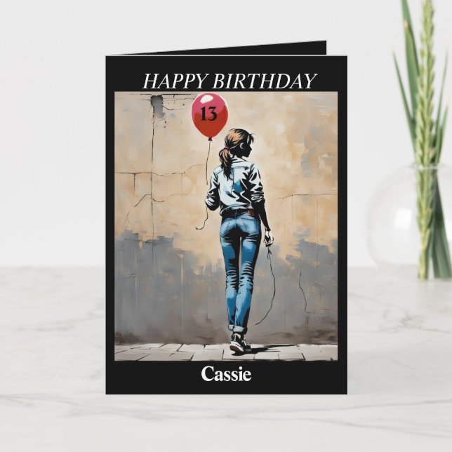 Cartes Pour Fêtes Annuelles Adolescent fille avec ballon rouge Banksy style AI (Devant)