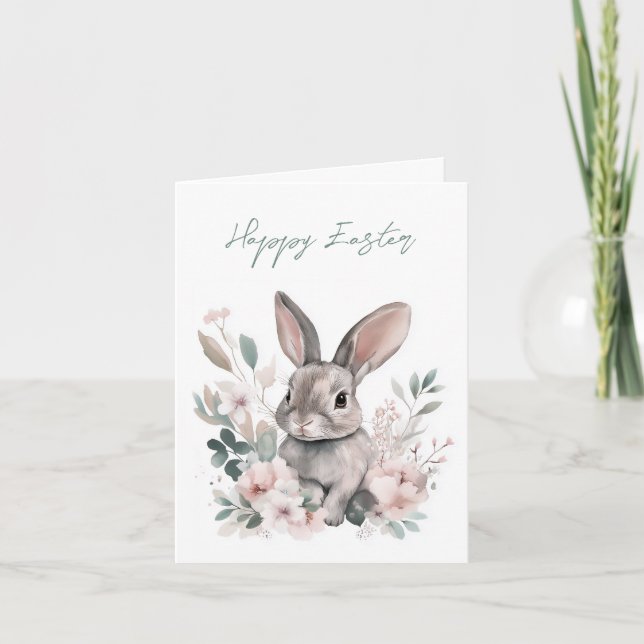 Cartes Pour Fêtes Annuelles Adorable Aquarelle Bunny Printemps Floral Pâques (Devant)