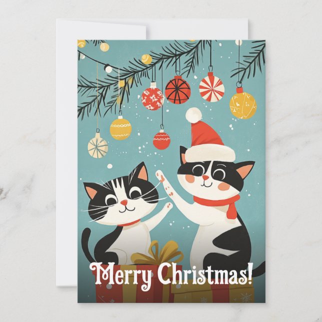 Cartes Pour Fêtes Annuelles Adorable Chats blancs Noirs Arbre de Noël (Devant)