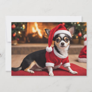 Cartes Pour Fêtes Annuelles Adorable Chihuahua noir avec chapeau de Père Noël
