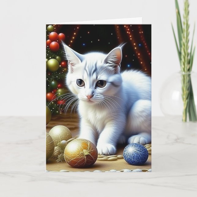 Cartes Pour Fêtes Annuelles Adorable Kitten Blanc Personnalisé Noël (Devant)