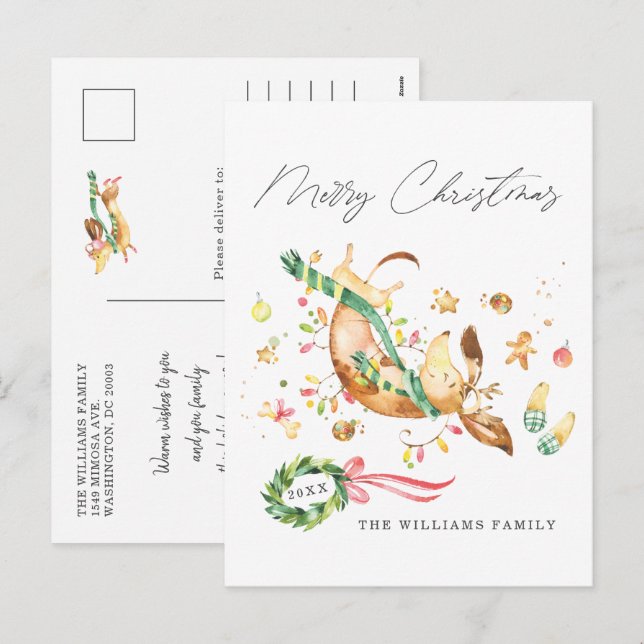 Cartes Pour Fêtes Annuelles Adorable mignon joyeux chien Dachshund lumières de (Devant / Derrière)
