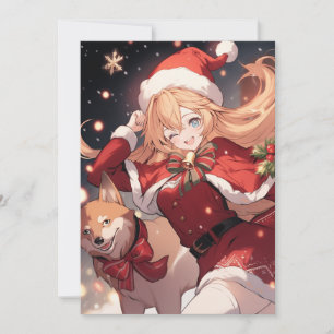 Cartes Pour Fêtes Annuelles Adorable Père Noël Anime Girl and Christmas Shiba 