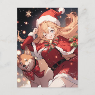 Cartes Pour Fêtes Annuelles Adorable Père Noël Anime Girl and Christmas Shiba 