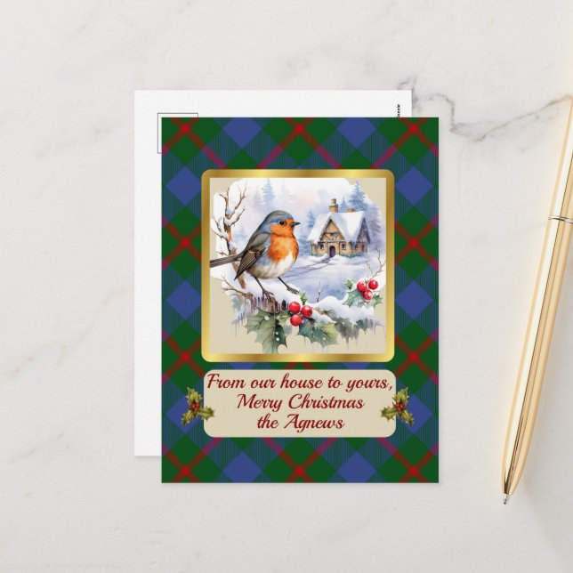 Cartes Pour Fêtes Annuelles Agnew Crest & Tartan avec Robin Personnalisé (Devant/Arrière en situation)