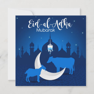Cartes Pour Fêtes Annuelles Aïd el Adha Moubarak Mosquée Étoiles Bleu Blanc Bl