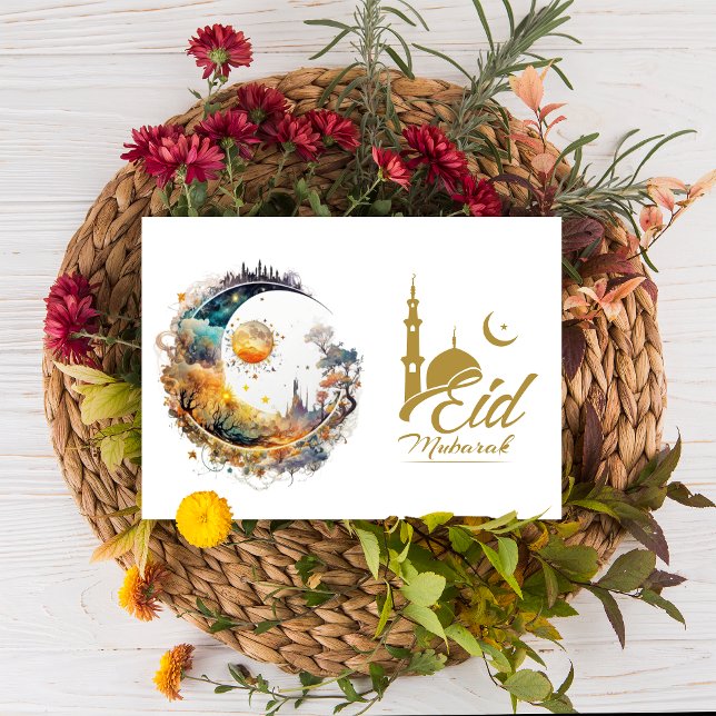 Cartes Pour Fêtes Annuelles Aïd Moubarak Lune et imaginaire du soleil Salutati (Eid Mubarak Moon and Sun fantasy Eid Greeting Holiday Card)