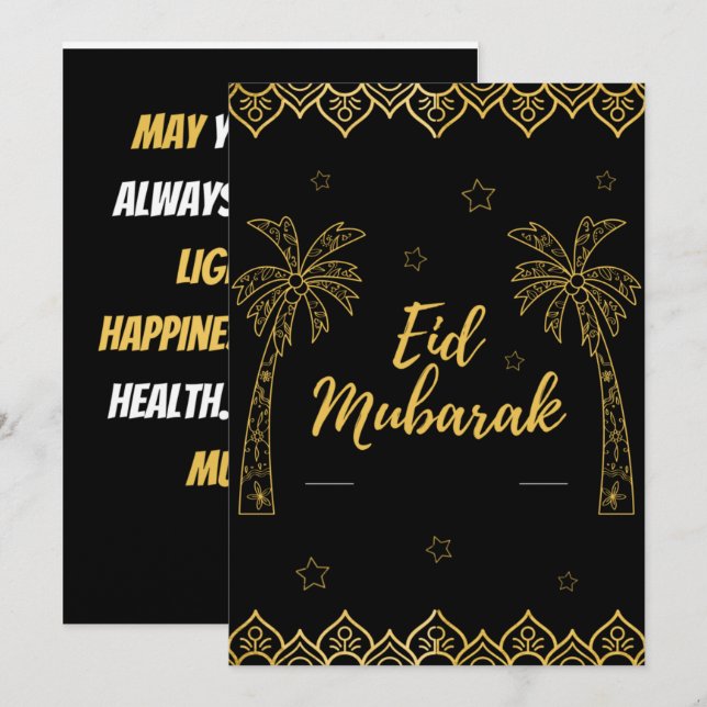 Cartes Pour Fêtes Annuelles Aïd Moubarak Noir Et Or (Devant / Derrière)