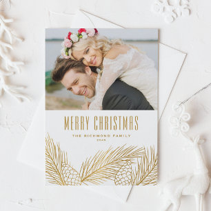 Cartes Pour Fêtes Annuelles Aiguilles de pin à huile d'or Faux Photo Joyeux No