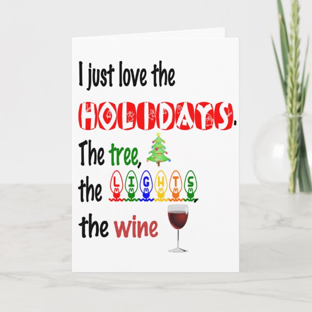 Cartes Pour Fêtes Annuelles Aimer Les Vacances, Arbre, Lumières et Vin (Devant)