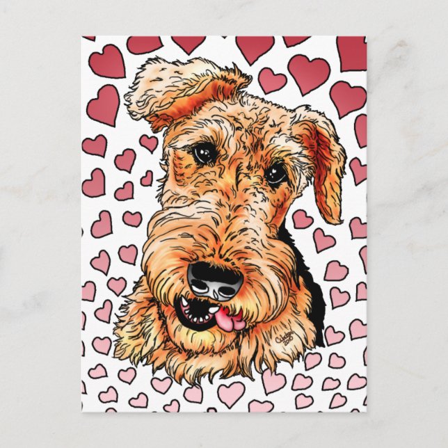 Cartes Pour Fêtes Annuelles Airedale Terrier Coeurs roses Saint Valentin (Devant)