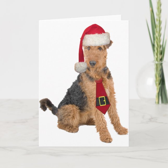 Cartes Pour Fêtes Annuelles Airedale Terrier dans le casquette de Père Noël (Devant)