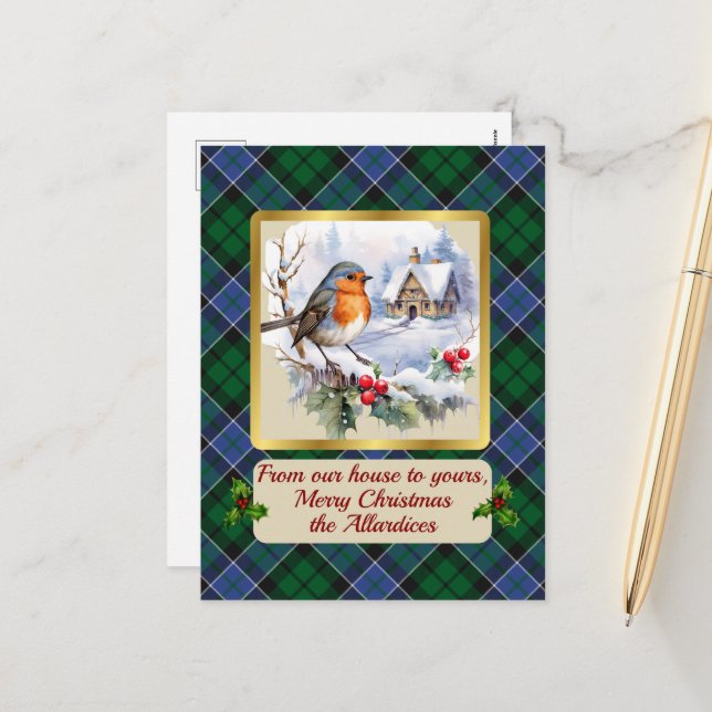 Cartes Pour Fêtes Annuelles Allardice Tartan avec Robin Personnalisé (Devant/Arrière en situation)